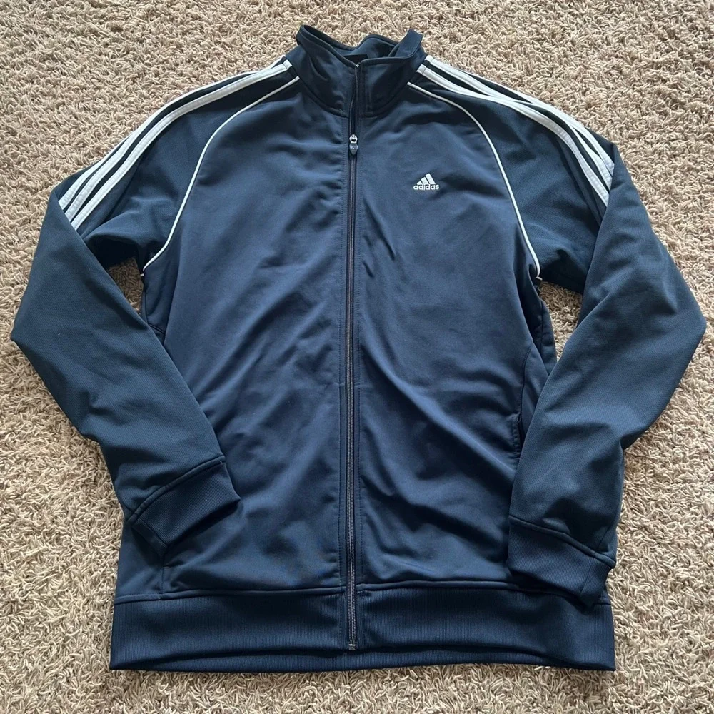 Adidas Mens Track Jacket Navy Blue White Stripe Full Zip Athletic Warm Up Size L